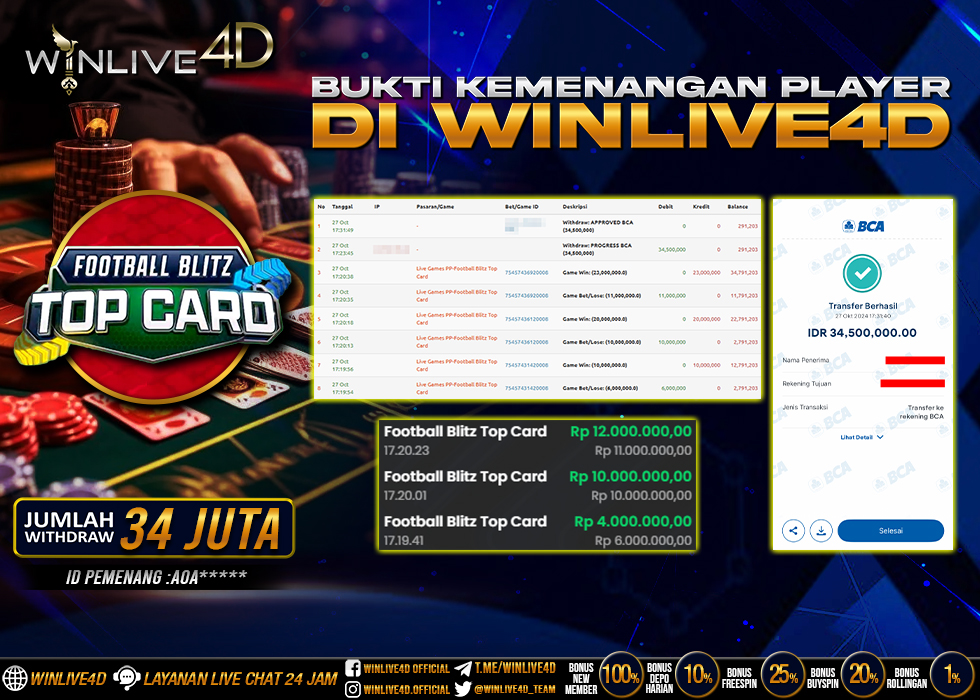WINLIVE4D JACKPOT LIVE CASINO FOOTBALL BLITZ TOP CARD Rp.34.500.000.,- LUNAS