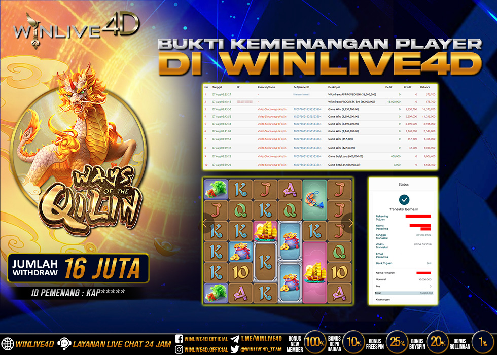 WINLIVE4D JACKPOT SLOT QILIN Rp.16.000.000.,- LUNAS