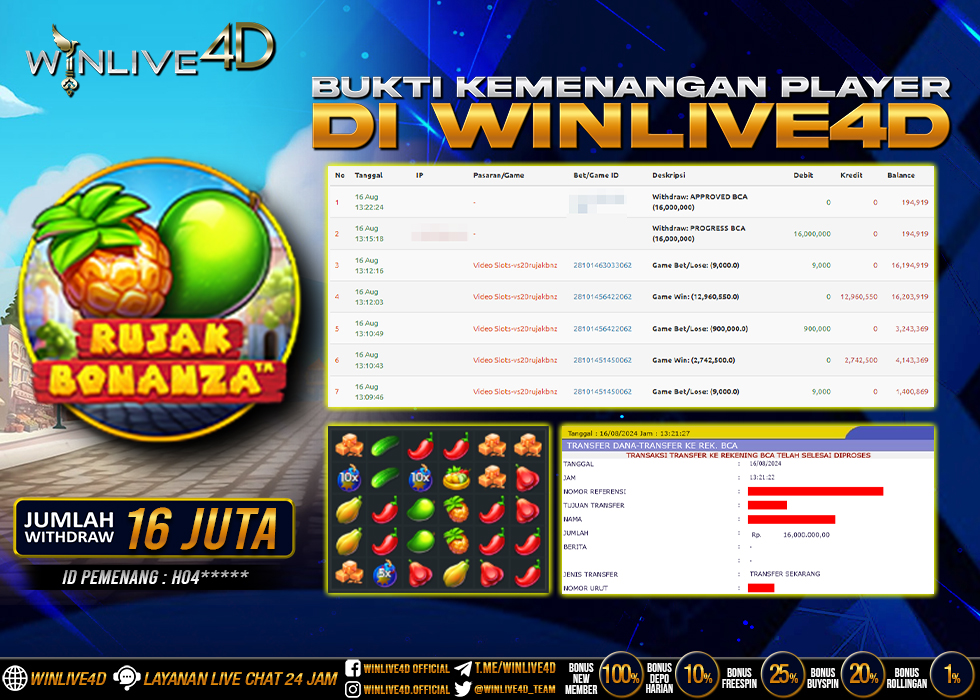 WINLIVE4D JACKPOT SLOT RUJAK BONANZA Rp.21.700.000.,- LUNAS